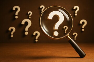 Fototapete - Magnifying glass focusing on question mark among many others on brown background, symbolizing curiosity, search and problem solving concept.