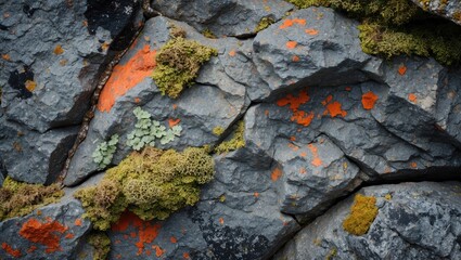 Poster - Abstract natural stone backdrop showcasing rough basalt texture, moss, and grunge elements in earthy tones