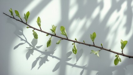 Poster - Emerging leaves on a tree branch against a white backdrop with sunlight and shadows. Gardening banner featuring a placeholder for your text.