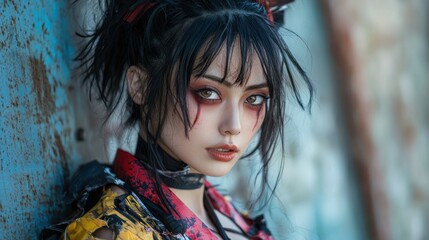 Wall Mural - a young woman with black hair, wearing a colorful, patterned outfit, stands against a weathered, blu