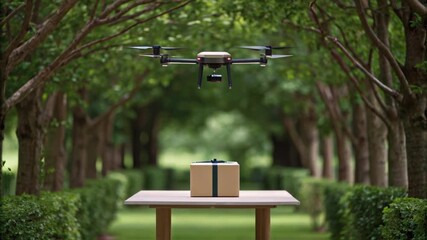 Poster - Drone delivering package to a table in a green park