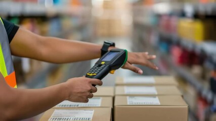 Poster - Warehouse worker scanning packages with handheld scanner