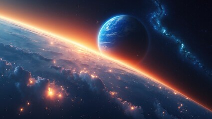 Wall Mural - Remarkable blue planet with a spectacular orange sunset visible from space.