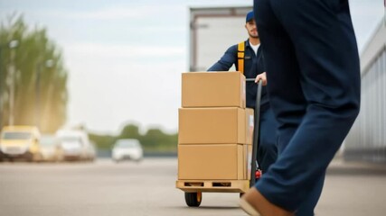 Poster - Courier pushing a hand truck with cardboard boxes in a logistics center