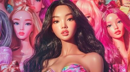 Wall Mural - a woman with long, dark hair, wearing a colorful dress, surrounded by a group of dolls with vibrant,