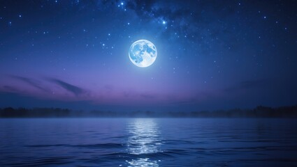Wall Mural - A full moon and stars shining above the water