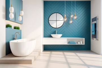 Aufkleber - Modern minimalist bathroom interior with blue accent wall, freestanding tub, stylish lighting, and natural daylight creating elegant ambiance.