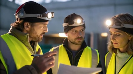 Aufkleber - Construction workers reviewing blueprints under headlamps at night
