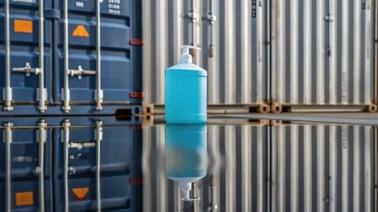Poster - Sanitizer dispenser reflecting on wet surface near shipping containers