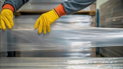 Poster - Warehouse worker wrapping pallet with stretch film