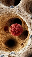 Poster - Detailed visualization of healthy human bone marrow with cellular structures in gold and red, resembling biological complexity in a photorealistic close-up