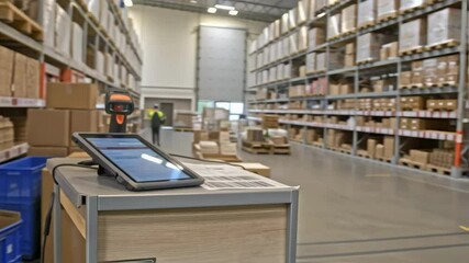 Poster - Inventory management system scanning barcodes in modern warehouse
