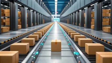 Poster - Cardboard boxes moving on conveyor belt in distribution warehouse