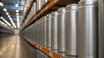 Poster - Multiple shots of metallic cylindrical containers on warehouse shelves