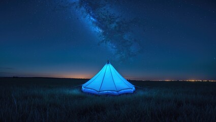 Wall Mural - The blue tent is positioned on the grassland at night, under the starry sky.