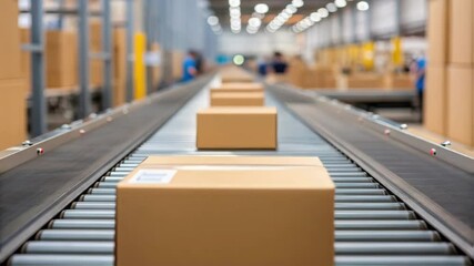 Aufkleber - Cardboard box moving on conveyor belt in distribution warehouse