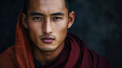 Wall Mural - a young man with a red scarf, wearing a dark shirt, standing in front of a dark background.