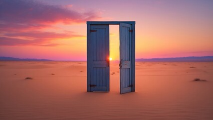 Wall Mural - Middle of the desert featuring an open door and a sunset behind. Minimalist concept.