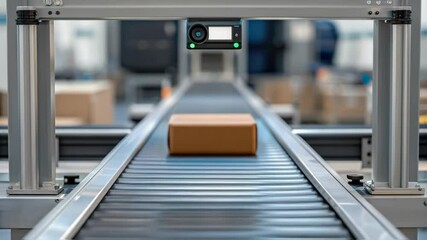 Aufkleber - Cardboard box moving on conveyor belt in distribution warehouse