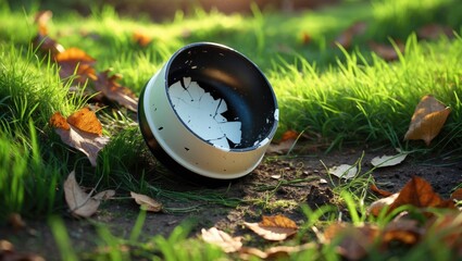 Poster - A broken ceramic bowl rests on the ground, encircled by lush green grass and scattered leaves.