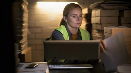 Poster - Warehouse worker managing inventory on laptop at night
