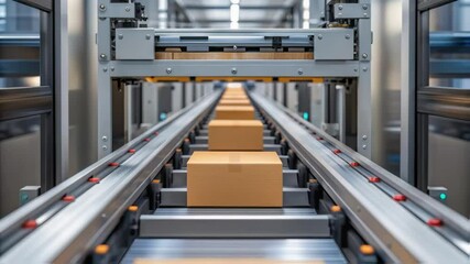 Aufkleber - Cardboard boxes moving on conveyor belt in distribution warehouse