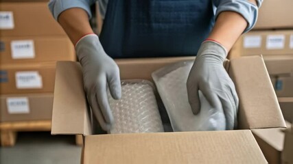Aufkleber - Warehouse worker packing two items wrapped in bubble wrap into cardboard box