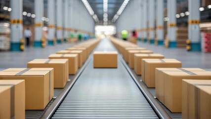 Aufkleber - Cardboard box moving on conveyor belt in distribution warehouse