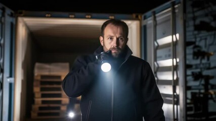 Poster - Security guard holding flashlight inside shipping container