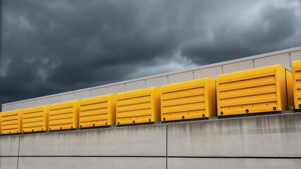 Poster - Yellow ventilation systems on building roof under stormy sky