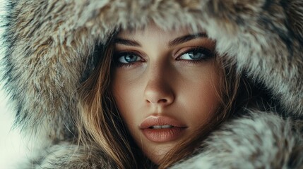 Wall Mural - a woman with long, wavy hair wearing a fur coat, looking directly at the camera with a serious expre