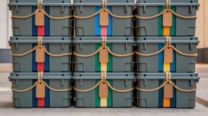 Poster - Identical gray plastic cases with colored stripes and rope tied around them