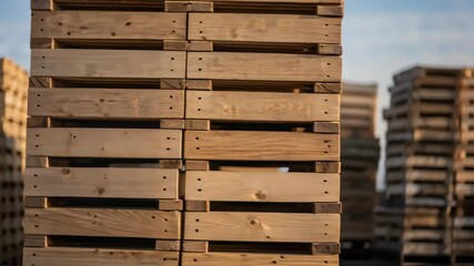 Poster - Wooden pallets stacked in a storage area with blurred worker