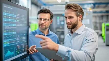 Aufkleber - Engineers analyzing data on a digital display in a factory
