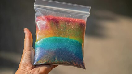 Poster - Hand holding rainbow colored sand in plastic bag