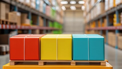 Poster - Colorful packages resting on wooden pallet in warehouse