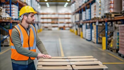 Poster - Warehouse worker pushing pallet along aisle