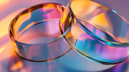 Poster - Intersecting clear rings reflecting vibrant sunset colors on a glossy surface