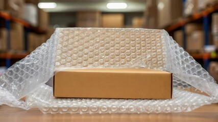 Aufkleber - Cardboard box wrapped in bubble wrap in warehouse