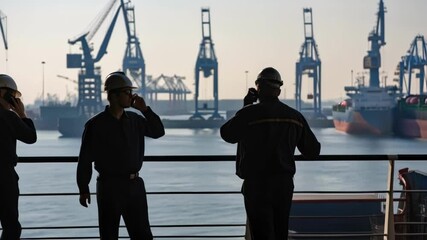 Poster - Maritime logistics coordination, engineers discussing operations at a busy port
