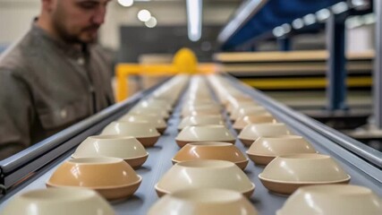 Fototapete - Factory worker supervising ceramic bowls on assembly line
