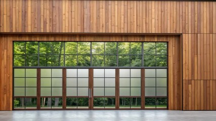 Poster - Modern wooden barn with large glass doors opening and closing