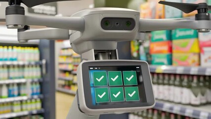 Poster - Inventory drone monitoring supermarket aisles, performing a safety check