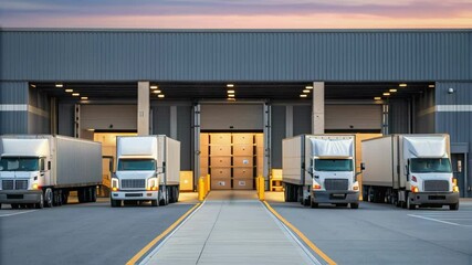 Poster - White trucks slowly approaching loading docks of distribution warehouse at dusk
