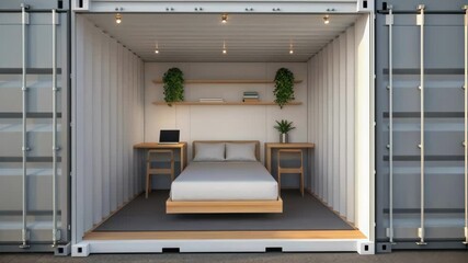 Leinwandbilder - Container home bedroom opening, revealing modern interior design