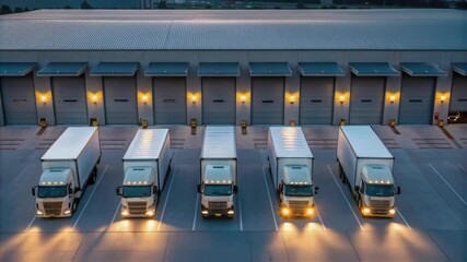 Poster - White trucks parked in an industrial warehouse during twilight
