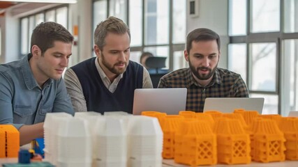 Aufkleber - Engineers analyzing 3d printed prototypes on laptop in modern office