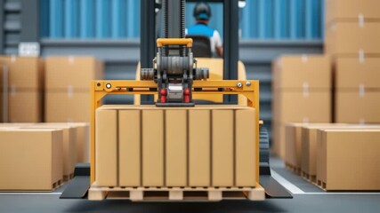 Poster - Forklift loading cardboard boxes onto pallets in warehouse
