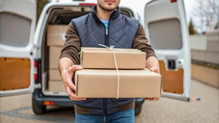 Poster - Deliveryman holding cardboard boxes in front of white van