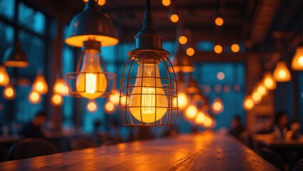 Poster - Row of pendant lamps provides a glowing ambiance for indoor decoration.